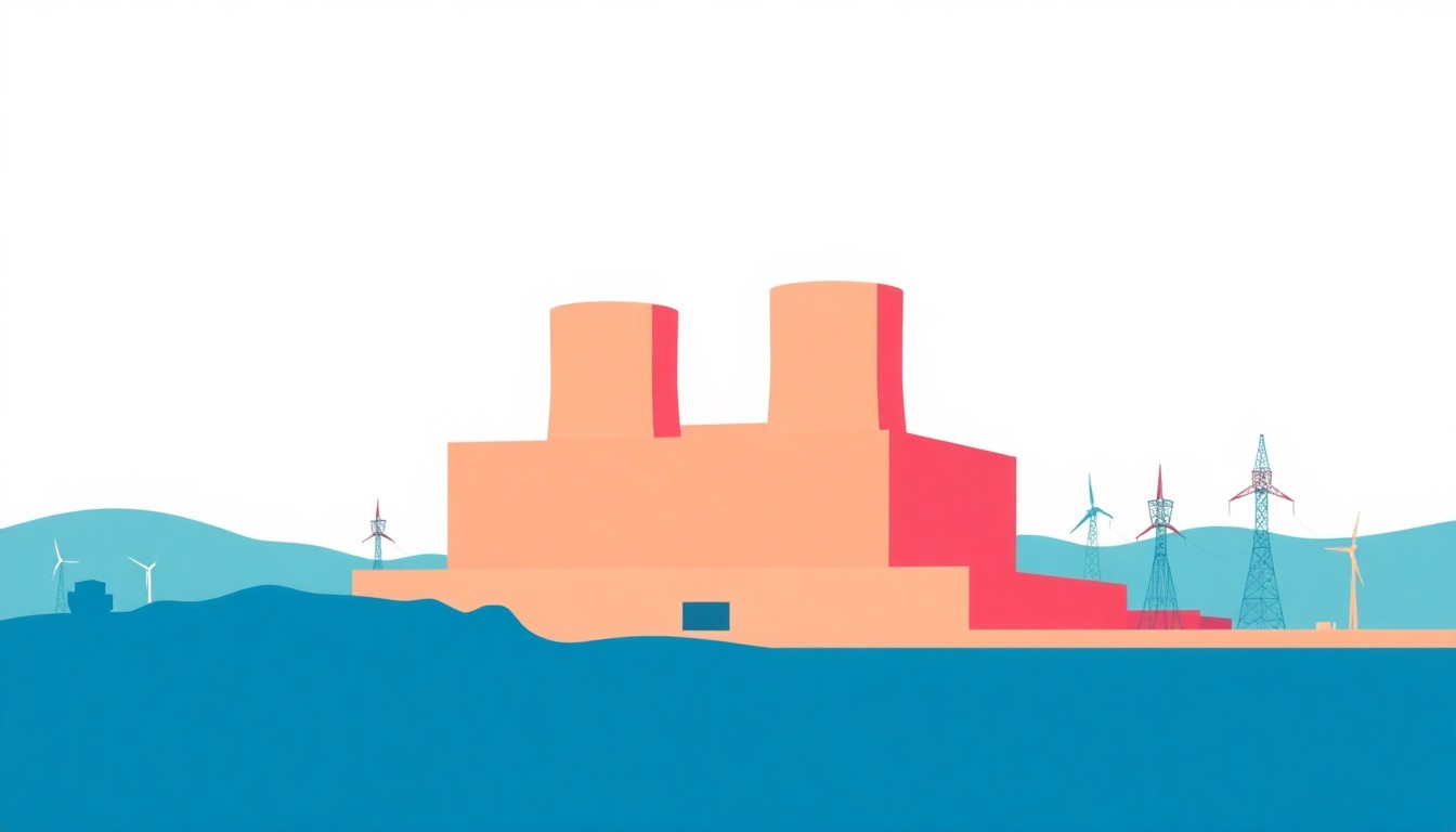 A minimalist illustration using bold geometric shapes and primary colors to represent the role of a nuclear power plant as an essential component of California's energy infrastructure during its transition to renewable energy.