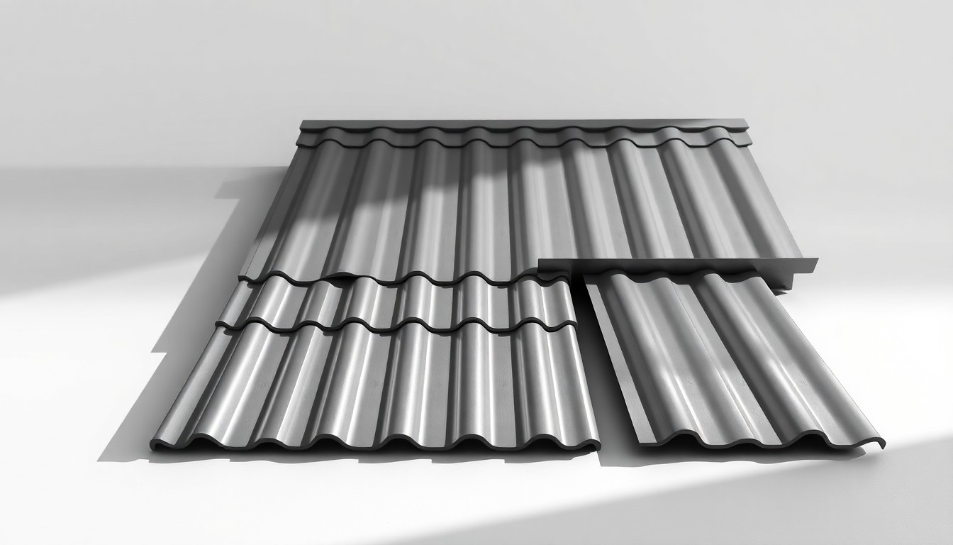 A minimalist, photorealistic studio still life featuring polished metal roofing tiles and siding panels, conceptually representing the quality and craftsmanship of A&M Roofing's exterior home improvement services.