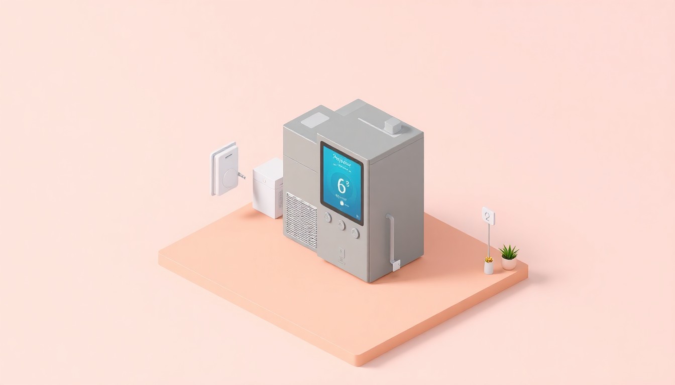 A stylized, isometric 3D illustration depicting a modern, high-efficiency furnace system and smart home thermostat, conveying the advanced technology and customer-focused approach of Northwest Plumbing Heating & AC.