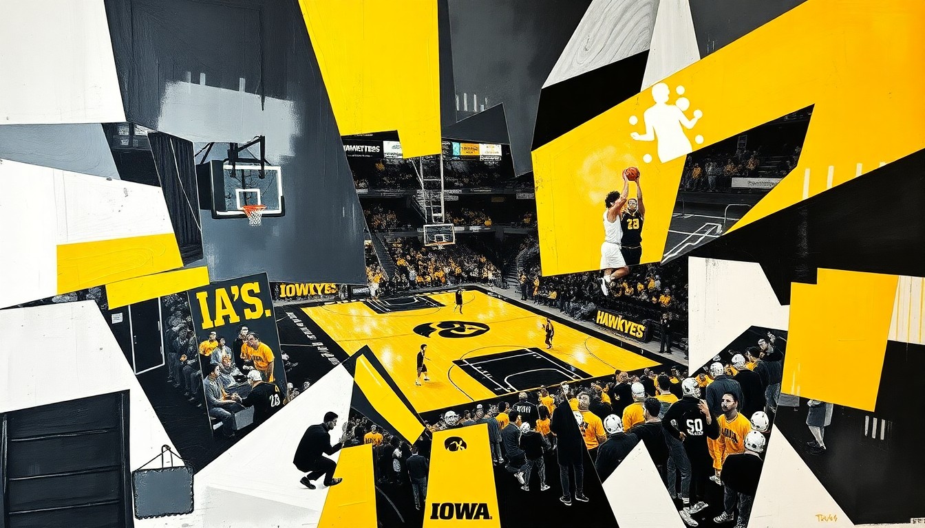 A cubist, geometric painting depicting a basketball game or match, with the players and court broken down into sharp, overlapping planes of black, gold, and white, capturing the dynamic energy of the sport.