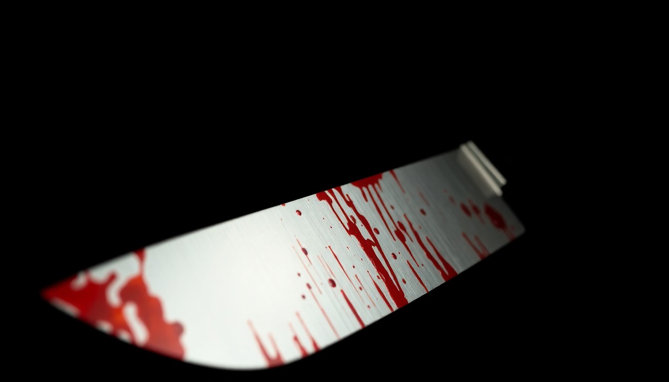 An extreme close-up photograph of a bloodied box cutter knife against a pitch-black background, conceptually representing the violent crime at the heart of this news story.