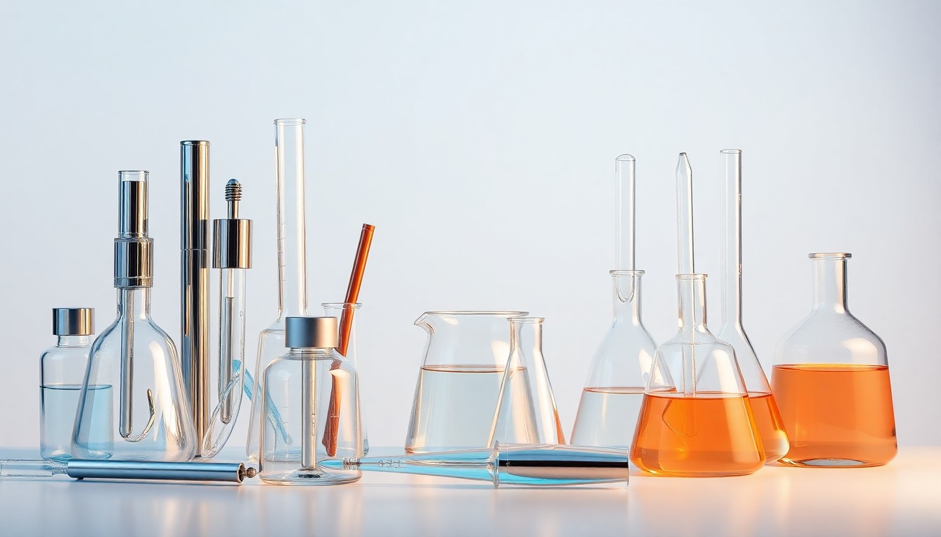 A high-end, photorealistic studio still-life photograph featuring a carefully arranged composition of polished metal and glass laboratory equipment, such as test tubes, beakers, and pipettes, against a clean, monochromatic background. The objects are lit dramatically to symbolize the precision and innovation of Intellia's gene editing technology.