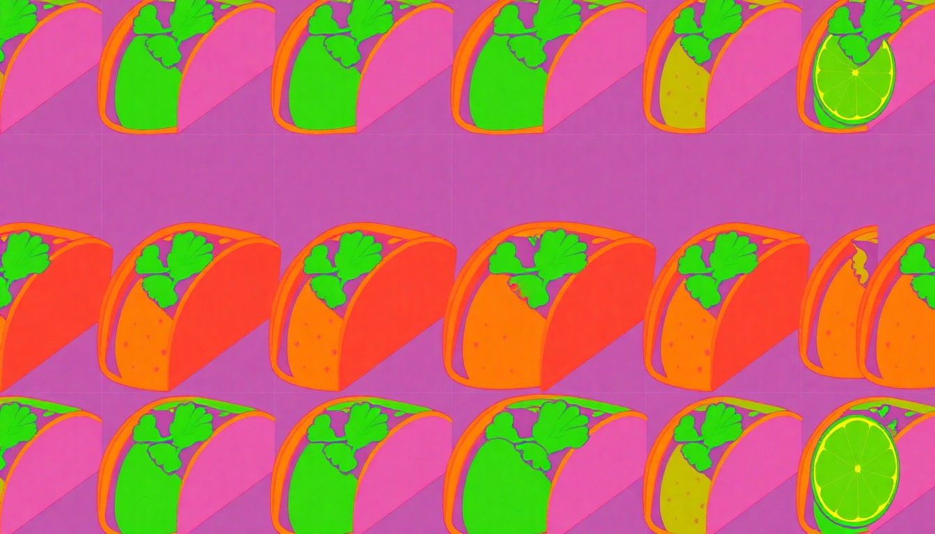 A high-contrast silkscreen print of a single taco shell repeated in a grid pattern, rendered in bold neon colors and heavy black outlines to create a modern pop art interpretation of a classic taco ingredient.