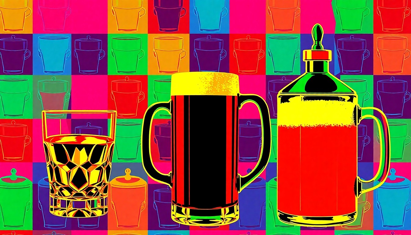 A vibrant, pop art-inspired grid of silkscreened drinking vessels in neon colors, representing the diverse beverage options at the Medina Beer Fest.