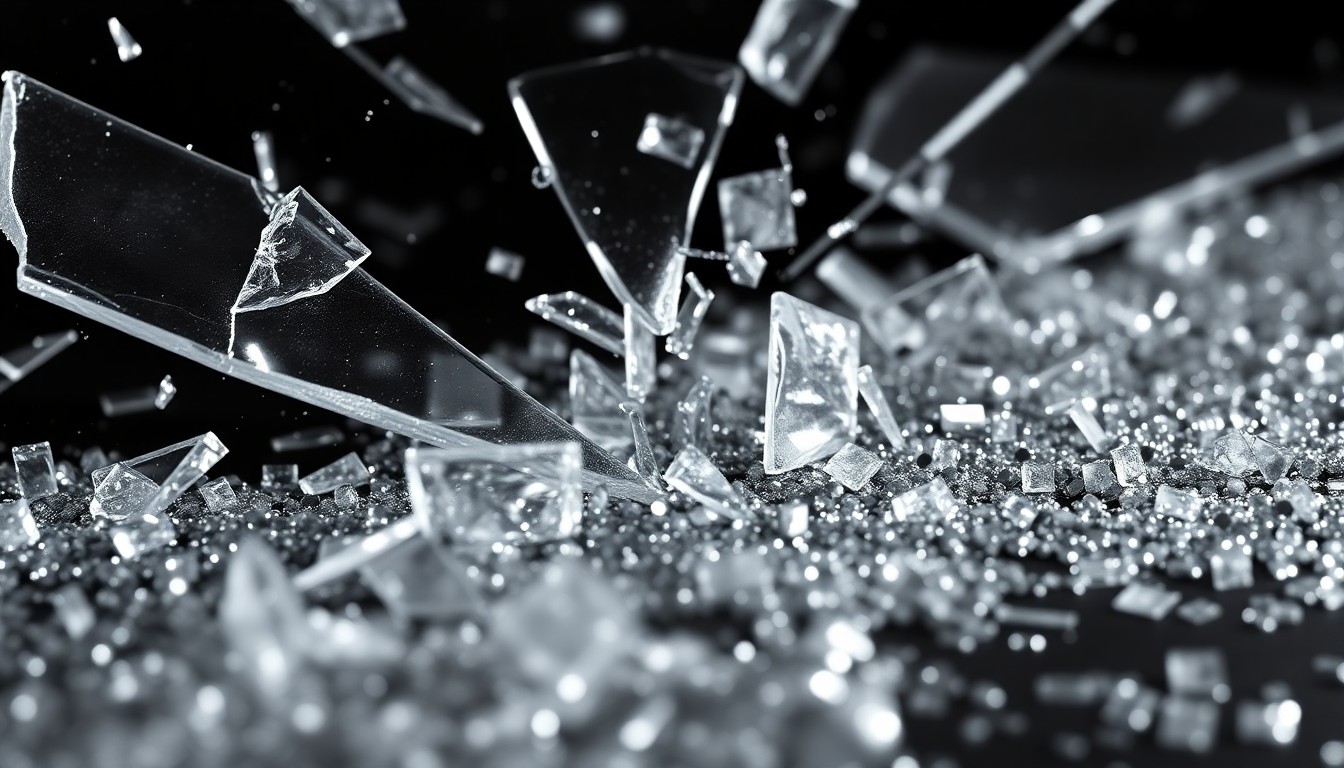 An extreme close-up photograph of shattered glass and glittering sequins, capturing the dramatic glamour and high-stakes emotions of the Beverly Hills, 90210 fandom.