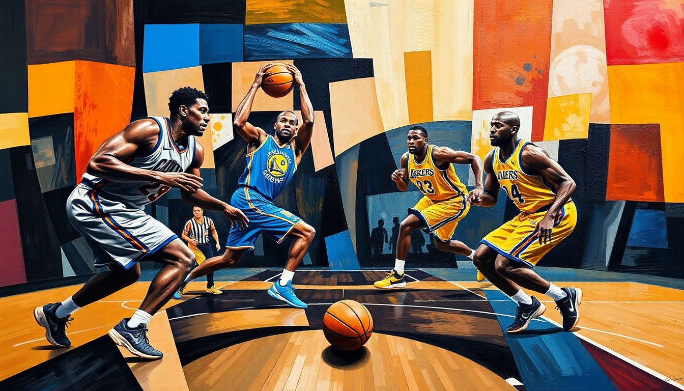 A fractured, geometric painting depicting the action of a basketball game, with the players' forms broken down into sharp, overlapping planes of color and shape, conveying the dynamic energy and intensity of the contest.