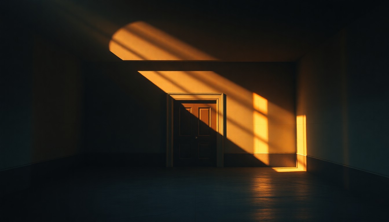 A dimly lit, cinematic painting of a solitary, steel-reinforced concrete entrance to an underground bunker, with warm sunlight streaming in from an unseen source and casting long shadows across the scene, conveying a sense of mystery and unease about the facility's purpose.