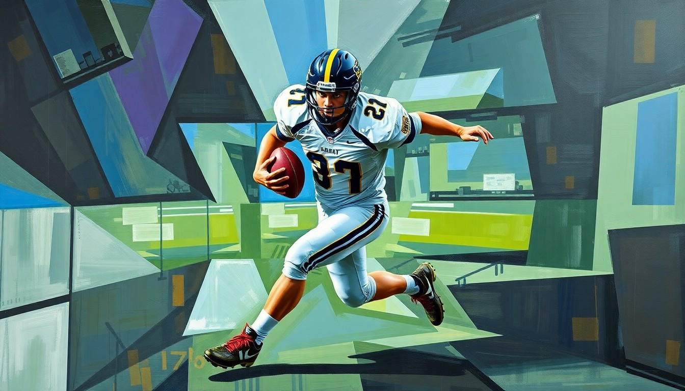 A cubist-style painting depicting a high school football player in motion, with their body broken down into sharp, overlapping geometric shapes and planes in a range of earth-toned colors.