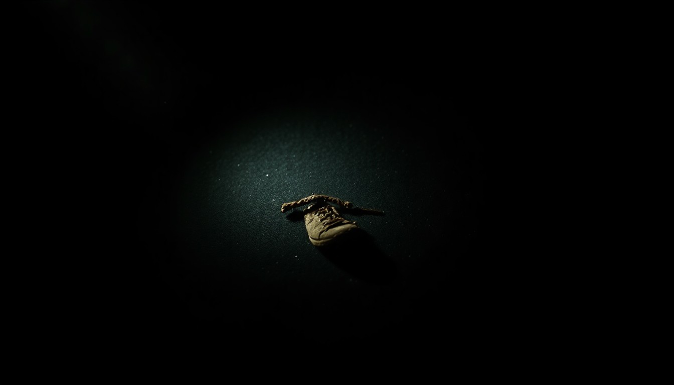 An extreme close-up photograph of an unidentifiable piece of physical evidence related to the homicide, such as a broken twig or a muddy shoe print, captured with harsh, dramatic lighting to create a stark, gritty investigative aesthetic.