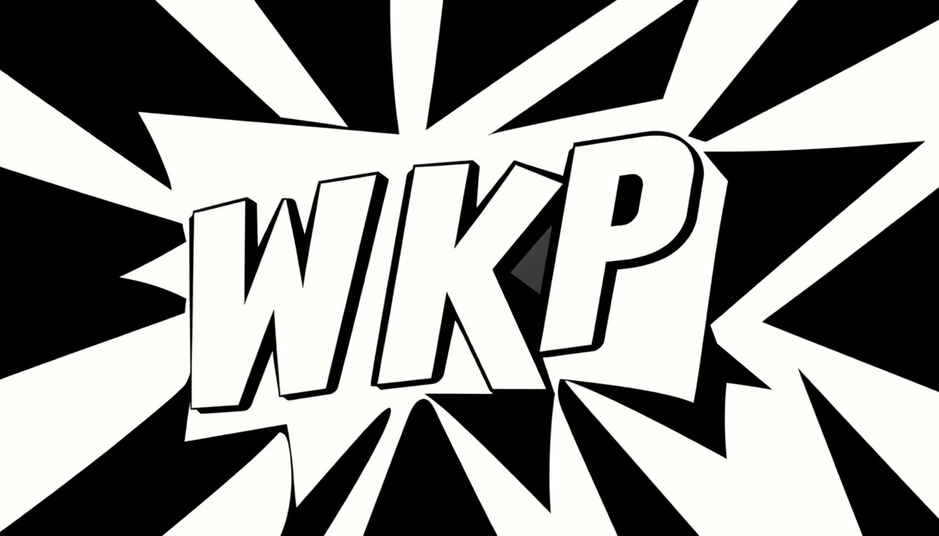 A minimalist, abstract illustration featuring bold, jagged black silhouettes against a stark white background, conceptually representing the return of the iconic WKRP radio station to Cincinnati.