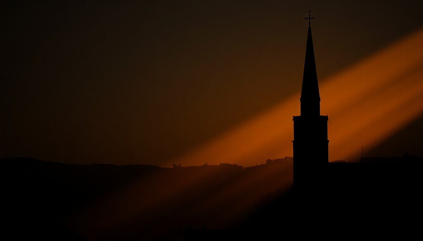 A cinematic painting of a solitary church steeple silhouetted against a dimly lit urban skyline, bathed in warm, diagonal sunlight and deep shadows, conceptually representing the tensions between religious observance and secular politics in a diverse city.