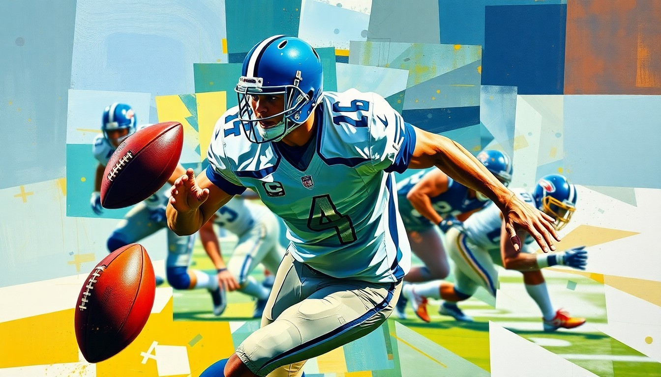 A fragmented, geometric painting depicting the dynamic movements of a football player rushing the passer, with sharp lines and planes representing the power and speed of the action.