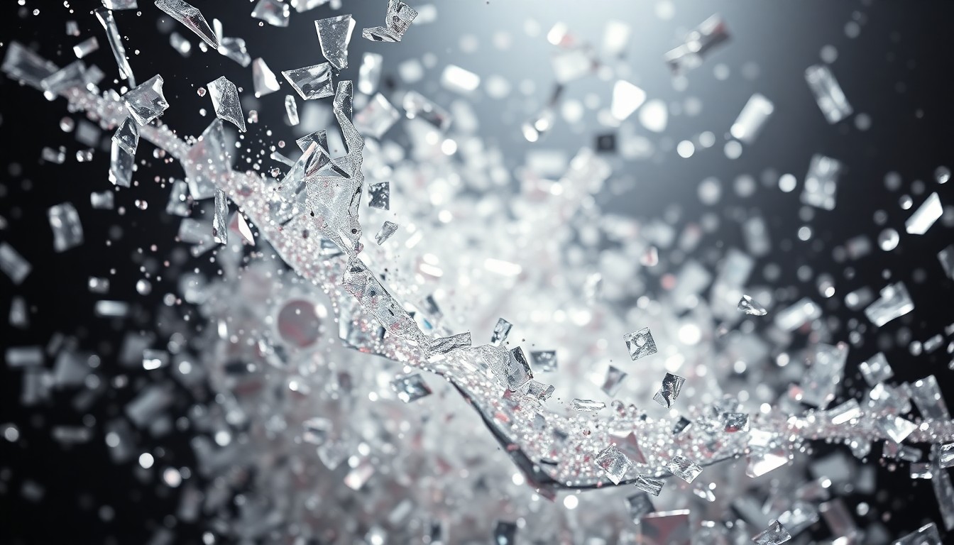 An abstract close-up photograph of shattered glass and glittering sequins, captured in dramatic high-contrast studio lighting to evoke the glamour and drama of a reality TV show reveal.