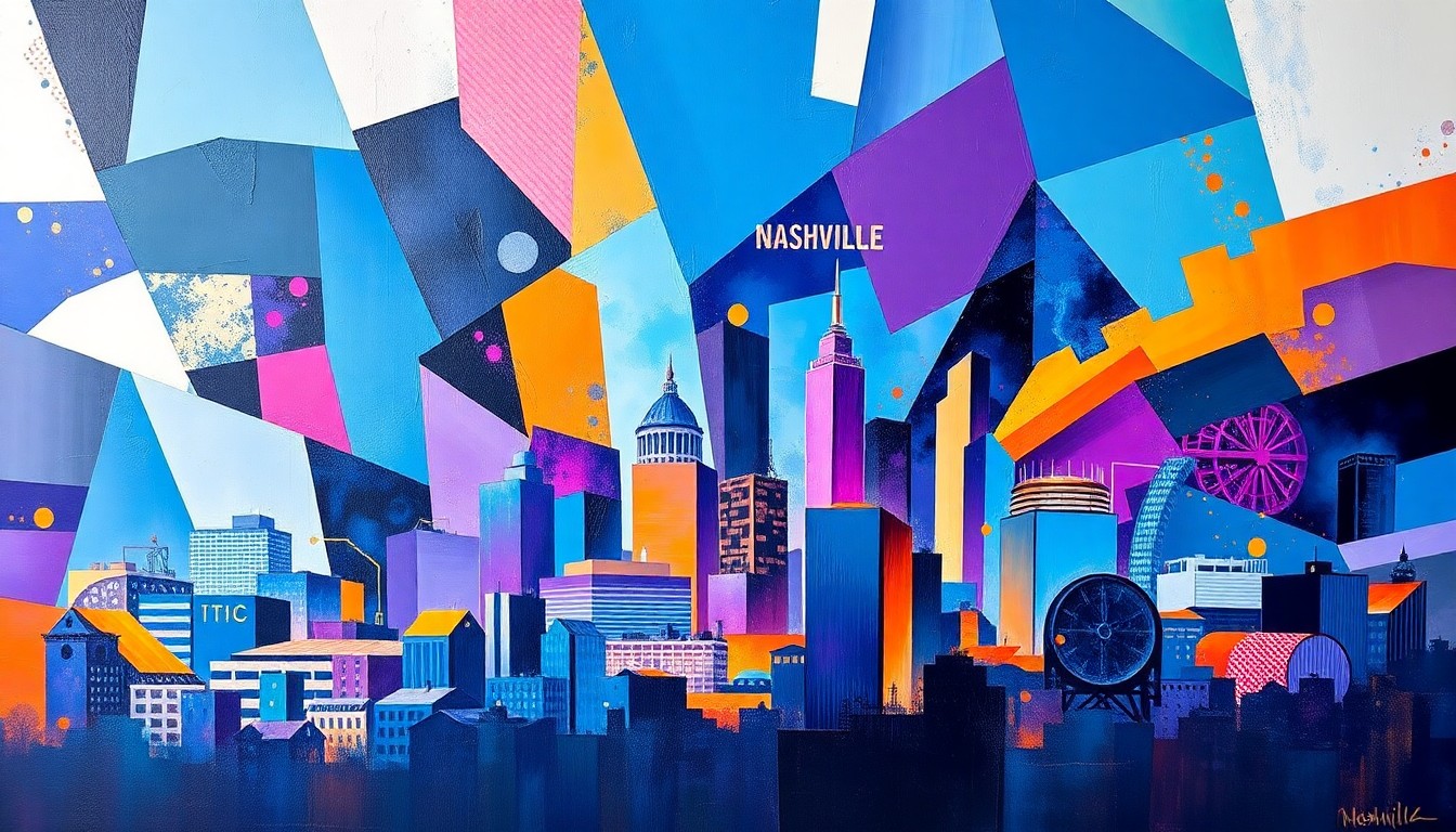 A vibrant, abstract painting featuring overlapping geometric shapes and waves of color in shades of blue, purple, and orange, conceptually representing the diverse languages and cultures of Nashville.