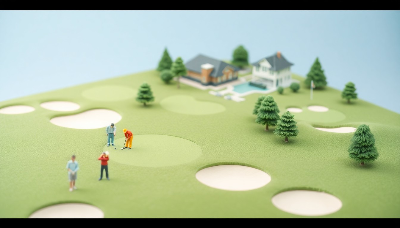 A clean, modern 3D illustration depicting a miniature golf course with golfers teeing off, conceptually representing a charity fundraising event.
