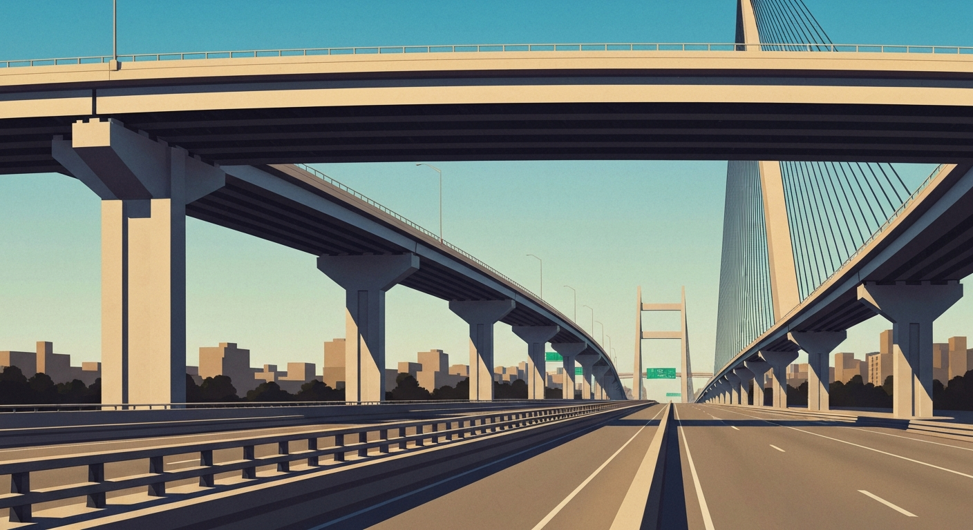 A highly stylized, geometric illustration depicting a towering highway overpass in shades of gray, blue, and orange, conveying the grand scale and impact of the upcoming bridge closure.