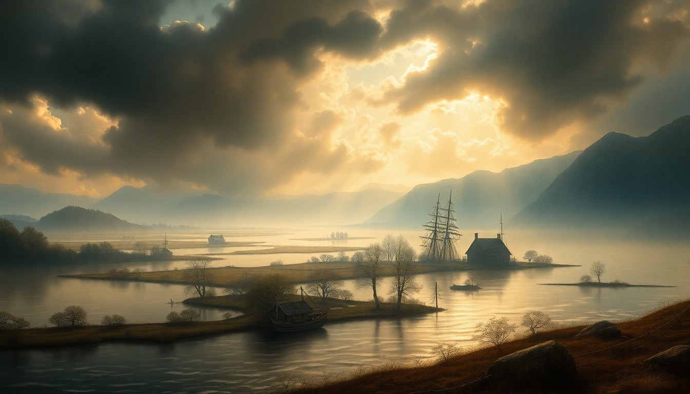 A sweeping, atmospheric landscape painting in muted tones of blue, grey, and green, depicting a flooded rural scene where small structures are dwarfed by the overwhelming presence of the rising waters, conveying the powerful, sublime force of nature.