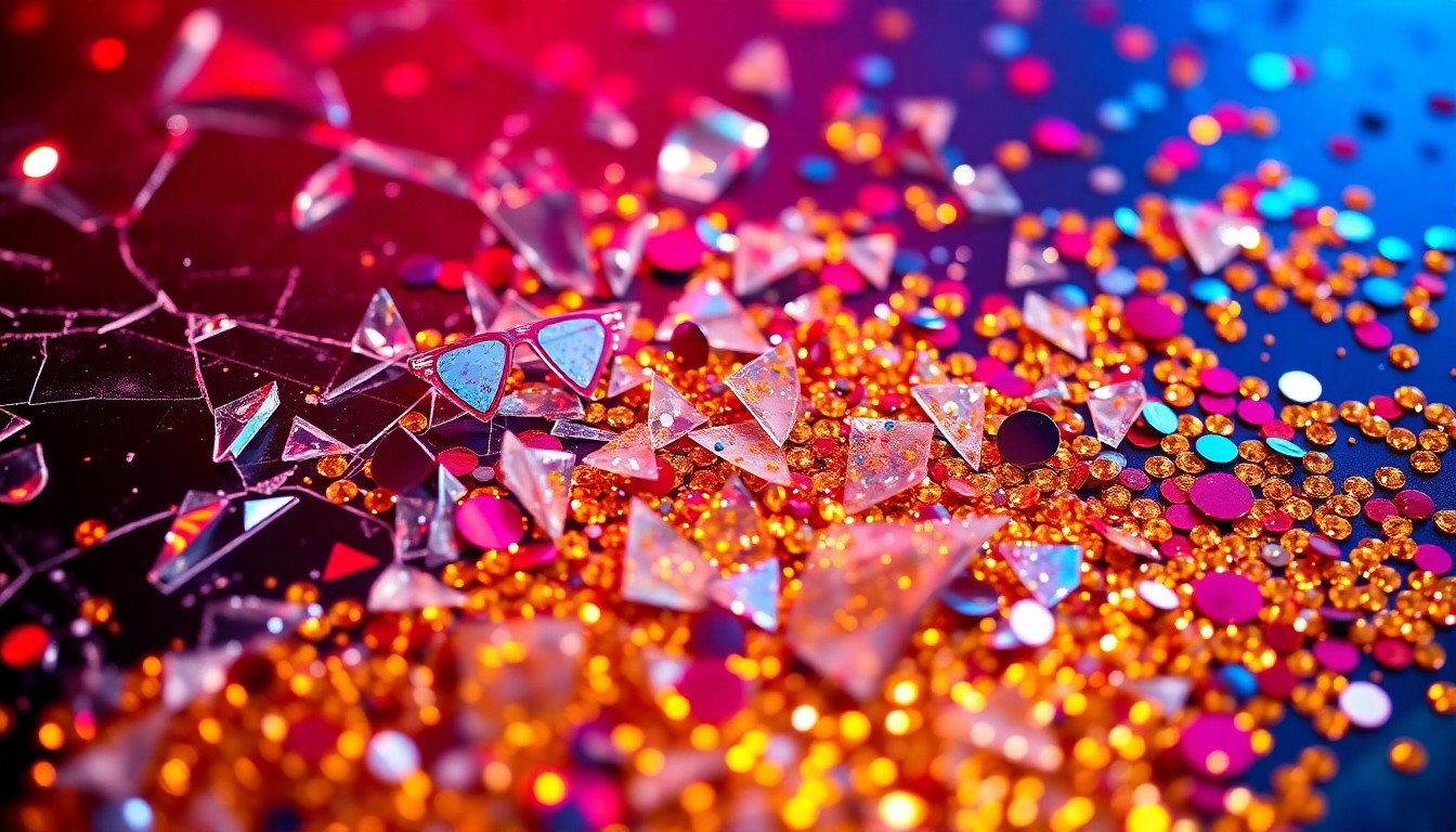 An extreme close-up photograph of shattered glass and glittering sequins in vibrant red, blue, and gold hues, creating an abstract, high-contrast composition that evokes the excitement and glamour of the trading card game genre's resurgence.