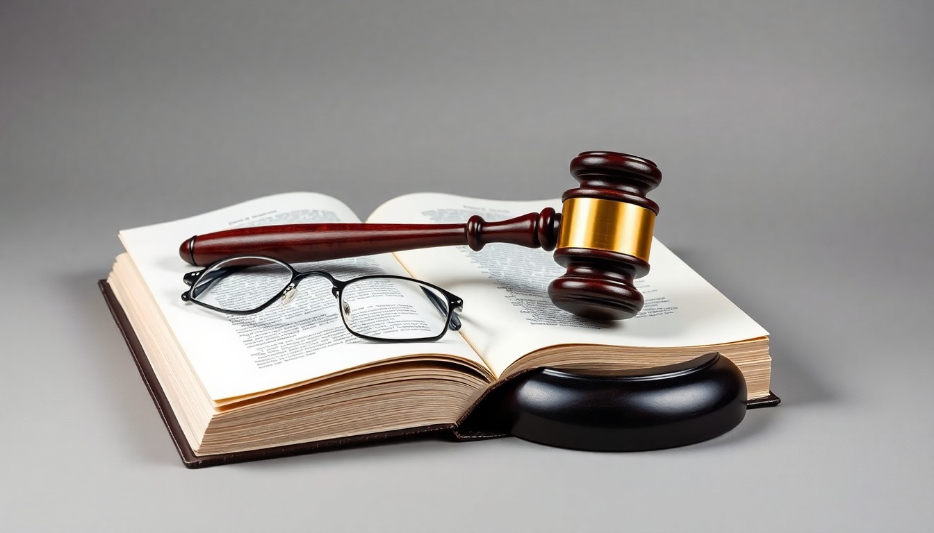 A high-end, photorealistic studio still-life photograph featuring a gavel, a law book, and a pair of reading glasses arranged elegantly on a clean, monochromatic background, conceptually representing the prestige and authority of the legal profession.