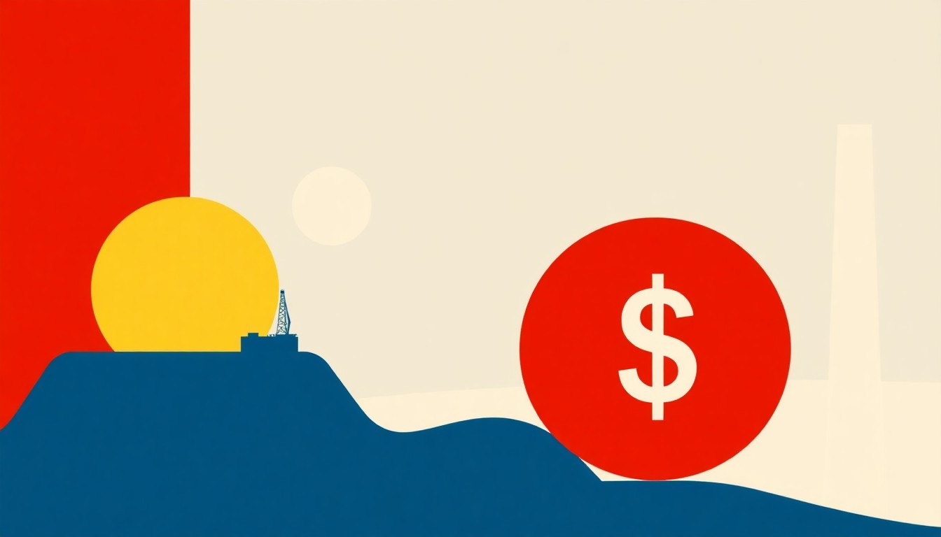 A minimalist illustration using bold geometric shapes and primary colors to conceptually represent the windfall profits for fossil fuel companies during the Iran war crisis.