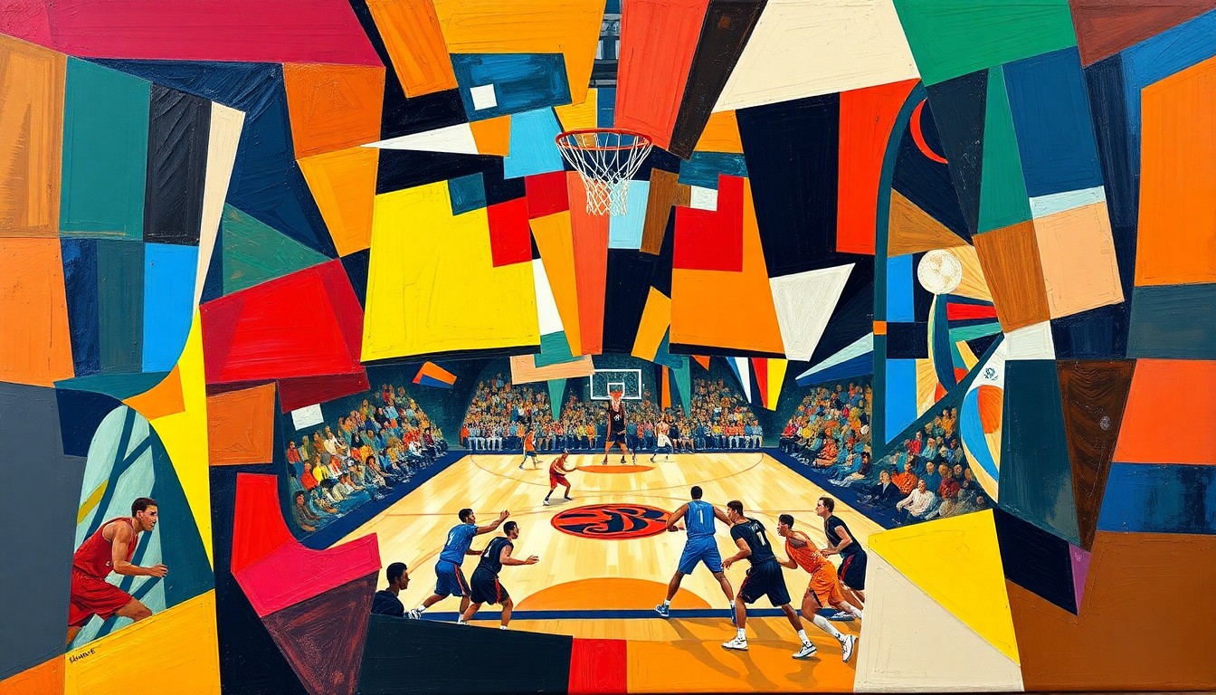 A cubist, geometric painting depicting the action of a college basketball game, with the competing teams' colors and uniforms fractured into sharp, overlapping shapes and planes.