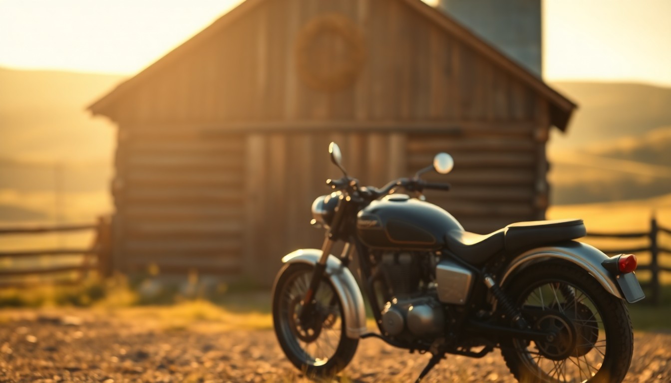 A softly blurred, impressionistic photograph in warm, golden tones depicting the silhouette of a vintage motorcycle parked in front of a rustic wooden barn, with the faint outline of rolling hills in the background, conveying a sense of nostalgia and the adventurous spirit of the subject.