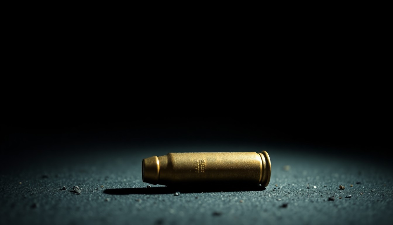 An extreme close-up photograph of a spent bullet casing on the ground, lit by a harsh, direct camera flash against a pitch-black background, creating a stark, gritty, investigative aesthetic.