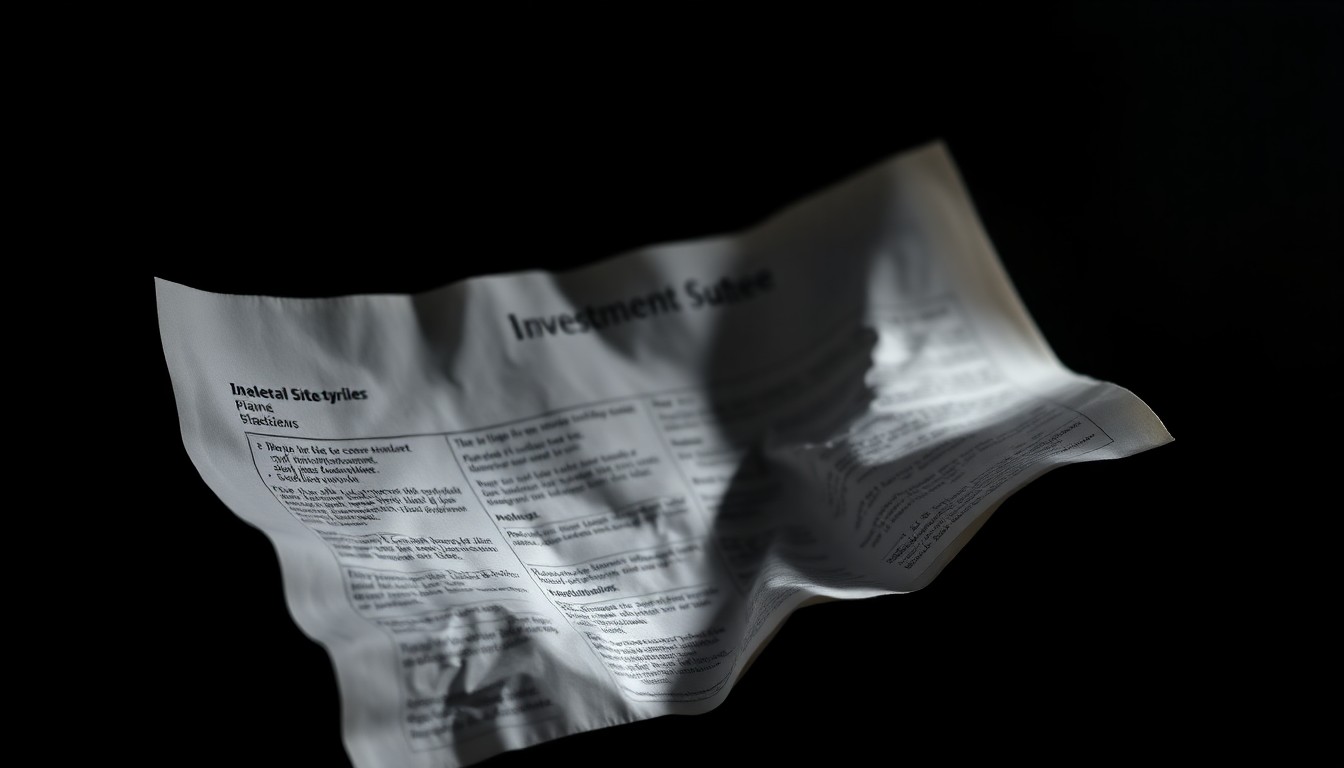 An extreme close-up photograph of a crumpled, tattered investment statement lit by a harsh, direct camera flash against a pitch-black background, conceptually representing the betrayal and financial ruin experienced by the elderly victims.