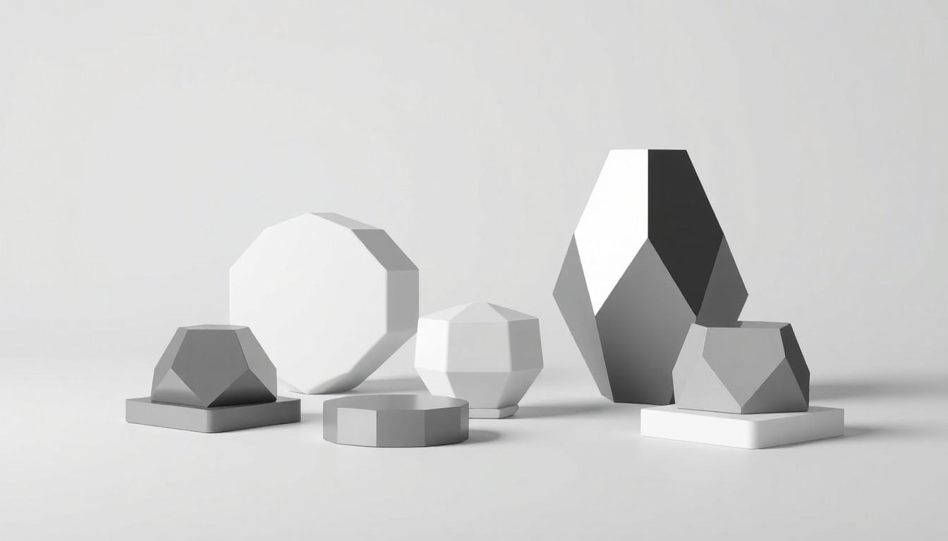 A minimalist, photorealistic studio still life featuring a set of polished, geometric objects arranged elegantly on a clean, monochromatic background, conceptually representing the abstract concepts of corporate strategy, finance, and market competition within the biotech industry.