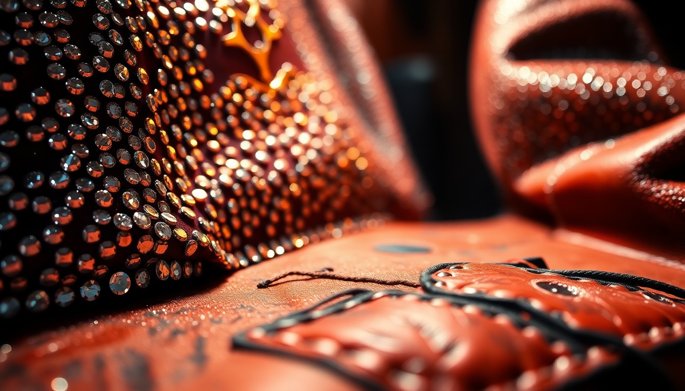 An abstract close-up image of shimmering, glittering country music textures like sequins, rhinestones, and distressed leather, captured in dramatic high-contrast studio lighting to evoke the energy and glamour of a lively honky-tonk.