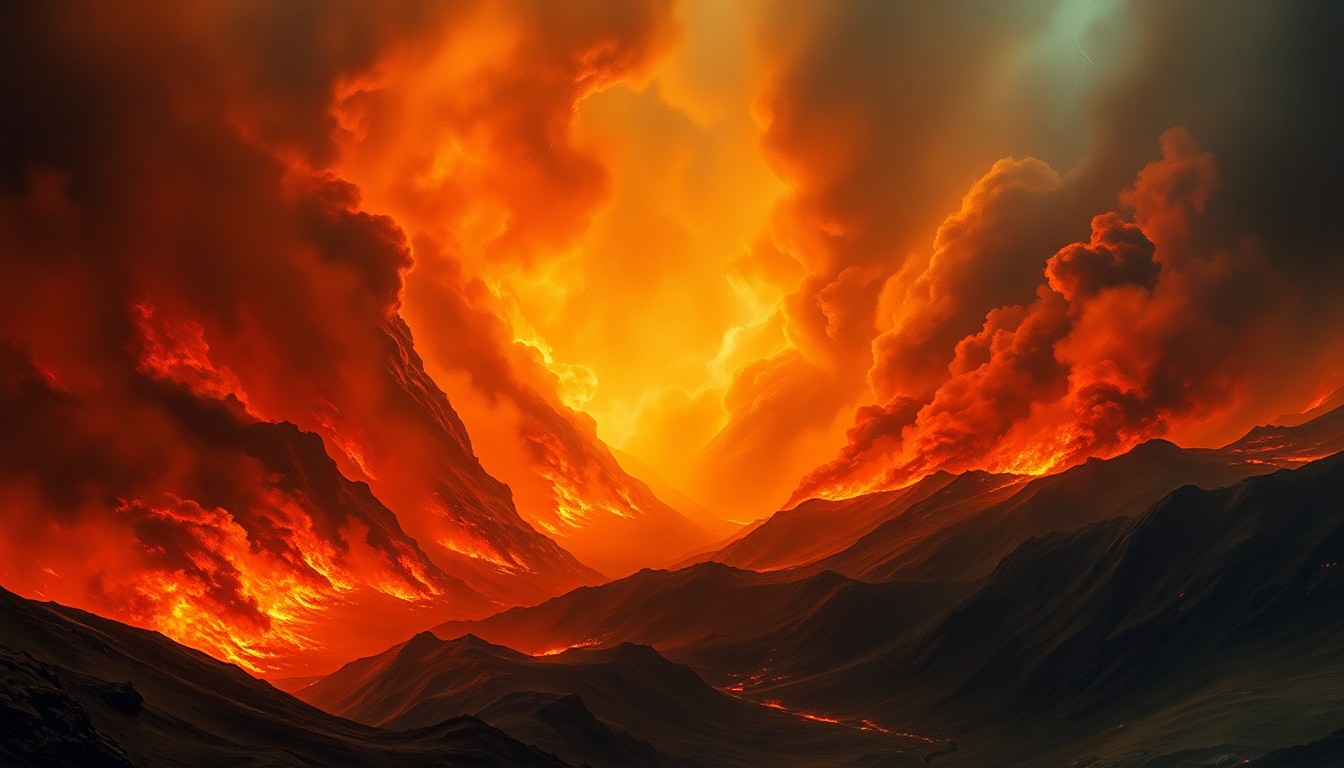 A vast, majestic landscape painting in muted earth tones, with dramatic clouds of smoke and flames consuming a mountainous region, conveying the overwhelming, sublime scale of a natural disaster.