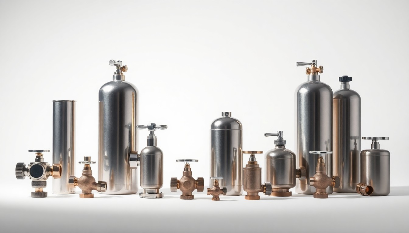 A photorealistic studio still life featuring a collection of shiny metal industrial gas cylinders, valves, and fittings arranged in an elegant composition on a clean white background, conveying the precision and importance of Linde's gas production.
