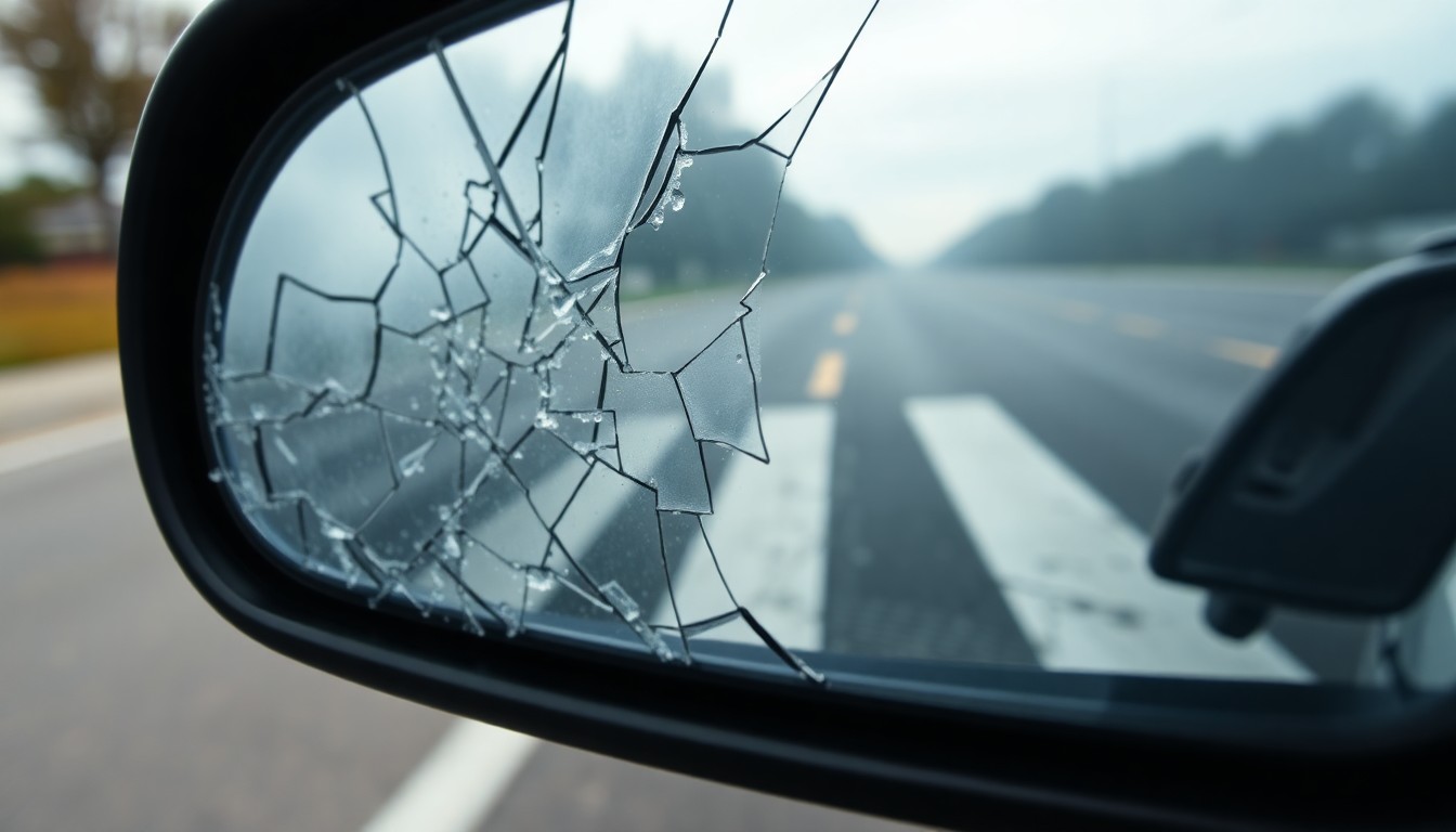 An extreme close-up of a shattered car side mirror lens reflecting the faint outline of a crosswalk, conveying the aftermath of a tragic pedestrian collision through a stark, gritty visual metaphor.