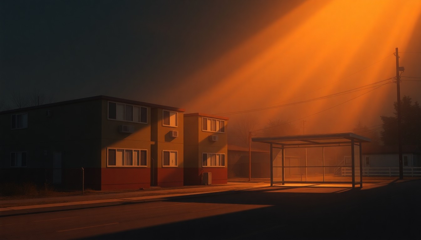 A warm, cinematic painting depicting a simple, unadorned affordable housing complex or public transit shelter, with the building's facade and surrounding area bathed in soft, diagonal sunlight and deep shadows, conveying a sense of quiet urban solitude and the need for greater investment in equitable community infrastructure.