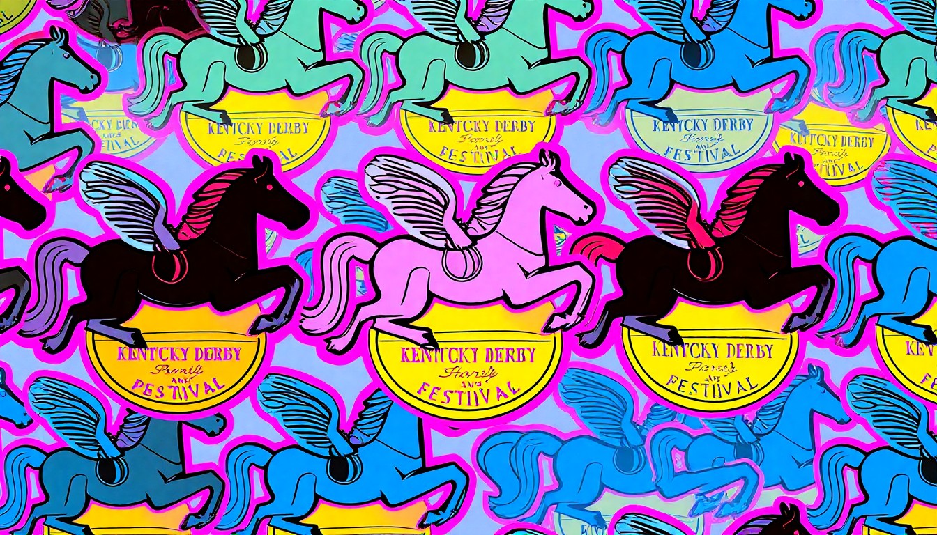 A vibrant, high-contrast silkscreen print featuring a repeated pattern of a Kentucky Derby Festival souvenir pin or medal in neon colors, capturing the celebratory spirit and community involvement that makes the festival a beloved annual tradition.