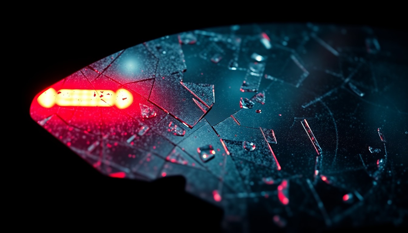 An extreme close-up photograph of a shattered car window reflecting a faint red light, conceptually illustrating the aftermath of a violent car crash.