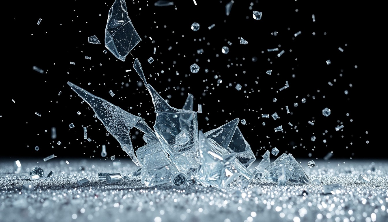 An extreme close-up of shattered glass and glittering sequins in dramatic high-contrast studio lighting, conceptually representing the glamour and energy of an art fair.