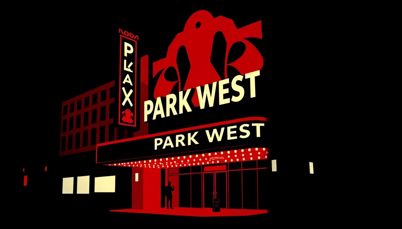 An abstract, minimalist illustration featuring bold, jagged shapes in deep red and black, conceptually representing the iconic Park West music venue and its enduring impact on Chicago's cultural landscape.