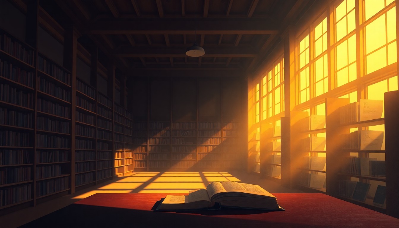 A serene, cinematic painting of an empty library reading room with warm, natural lighting and deep shadows, featuring a single book on a table as the central focus, conveying a sense of quiet contemplation and the importance of intellectual freedom.