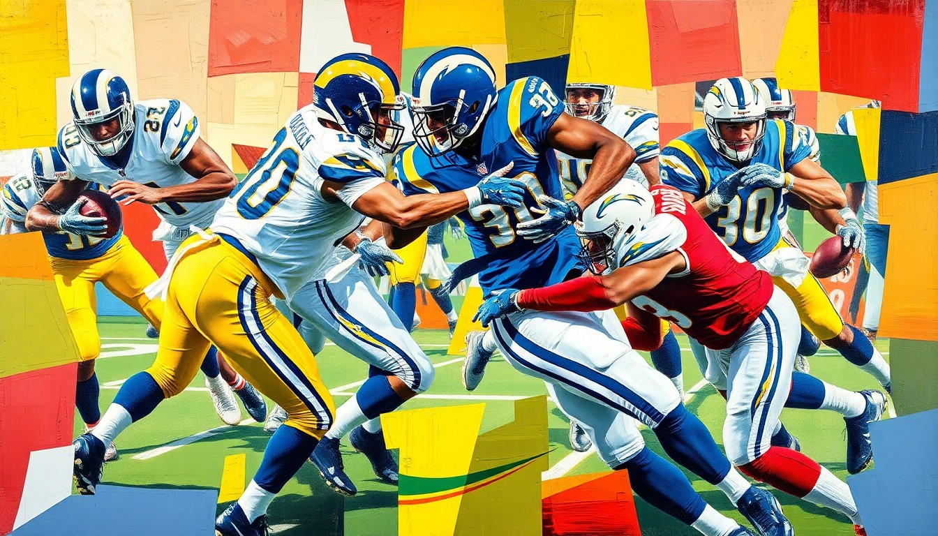 A cubist, geometric painting depicting fragmented football players and a football in motion, using the bright colors of the Rams and Chargers uniforms to represent the potential acquisition of Allen by the Rams.