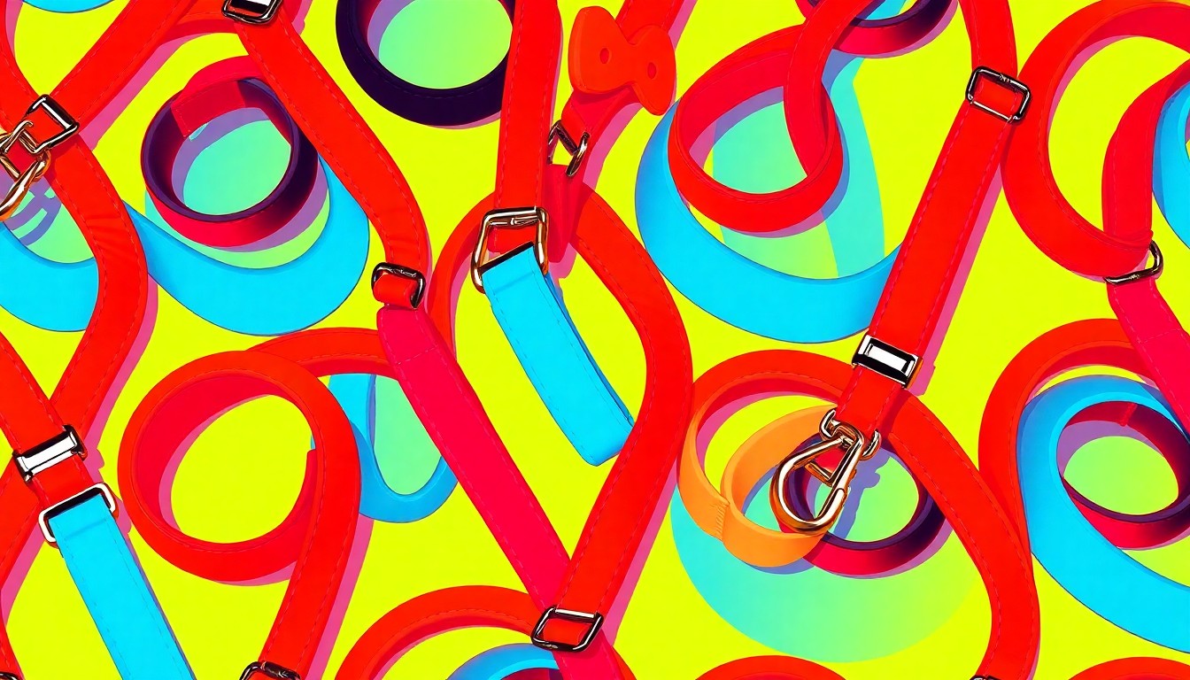 A bold, colorful silkscreen print featuring a repeating pattern of a dog leash and collar in vibrant neon hues, conceptually representing the lifestyle challenges of dog ownership during the spring season.