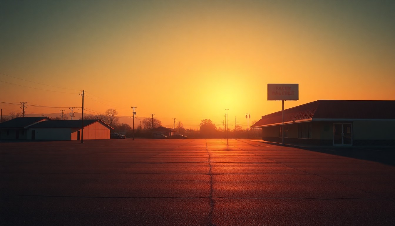 A quiet, cinematic painting of an empty commercial lot on the edge of a small town, with warm sunlight and deep shadows creating a sense of solitude and nostalgia.