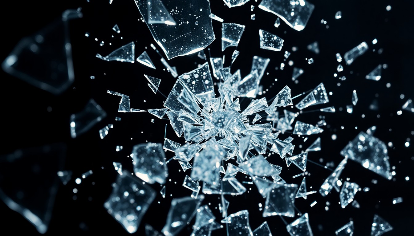 An extreme close-up of shattered glass fragments reflecting dramatic studio lighting, conceptually illustrating the tension and fragmentation of the corporate legal world.