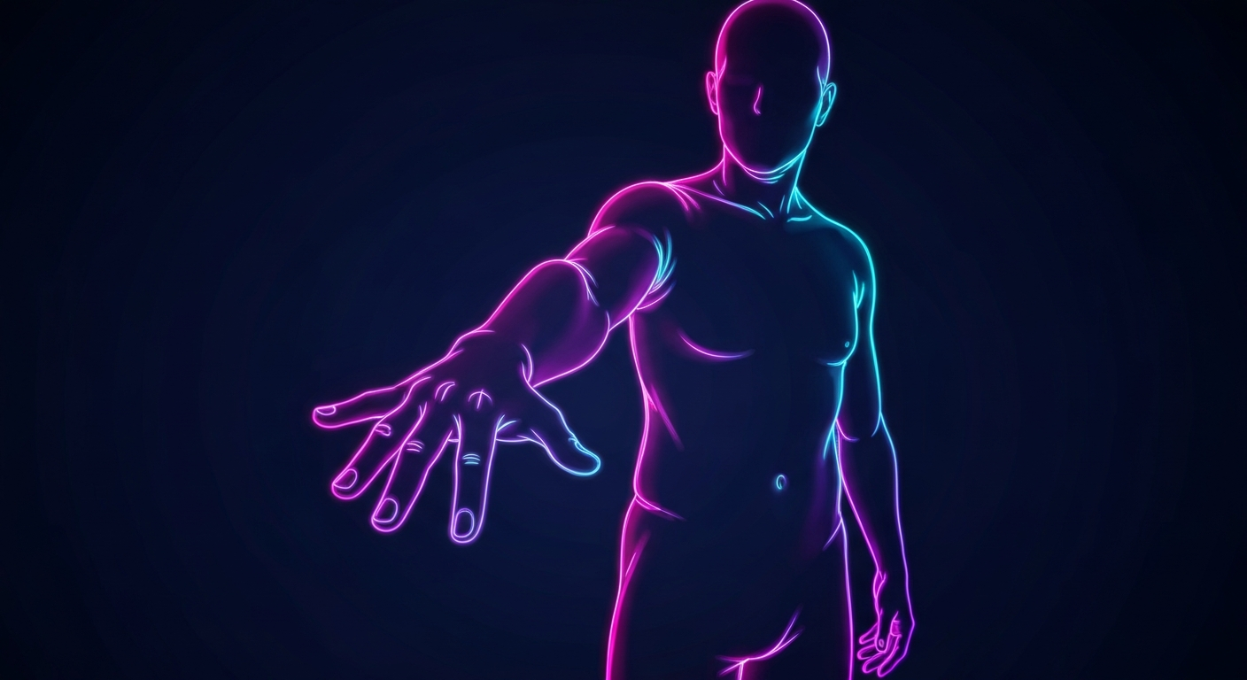 A minimalist neon outline of a human figure reaching out, with glowing lines in shades of pink, purple, and teal against a dark blue background, conceptually representing outreach and support for those facing personal struggles.