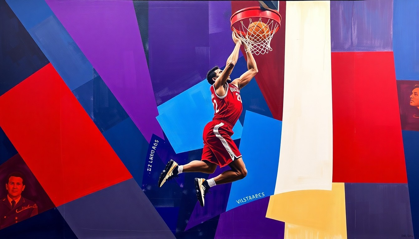A fragmented, cubist-style painting depicting a basketball player driving to the hoop, with sharp, overlapping geometric shapes in deep purple, royal blue, and crimson red tones.