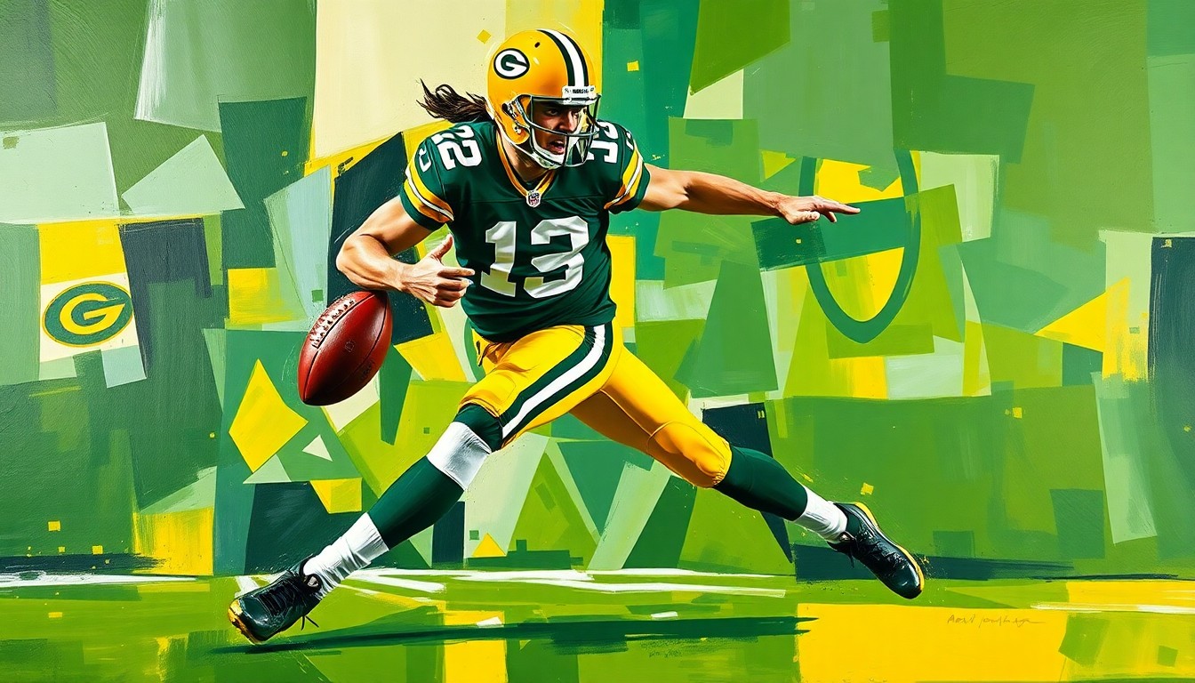 A fragmented, cubist-style painting depicting a football player in motion, their body broken down into sharp, angular shapes in shades of green and gold, conveying the Packers' need to reconstruct their pass rush.
