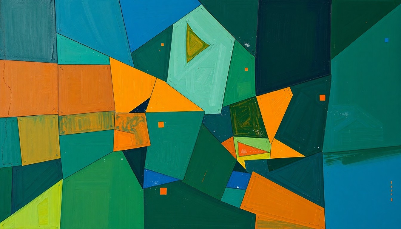 A cubist-style painting featuring overlapping geometric shapes and planes in shades of blue, green, and orange, capturing the dynamic motion and energy of a basketball game or match.