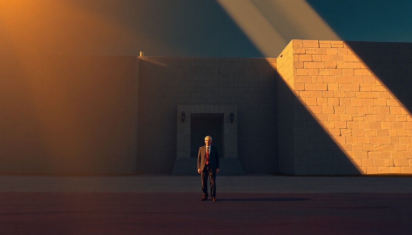 A cinematic painting depicting Sen. Mitch McConnell standing alone in front of the stone walls of Fort Knox, the warm sunlight casting deep shadows across the scene, conveying a sense of quiet contemplation and the weight of political power.