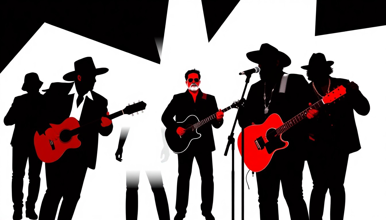 An abstract, minimalist illustration featuring bold, jagged shapes and silhouettes in high-contrast colors, conceptually representing the blending of Tejano music's legacy and future.