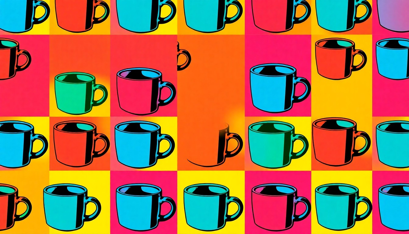 A bold, colorful silkscreen print featuring a repeated image of a coffee mug in vibrant neon hues, conceptually representing the transformative journeys of the Williams brothers and the recovery programs they now lead.